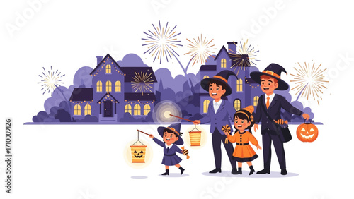 Halloween Family Gathering: A family dressed in Halloween attire stands in front of a illuminated house, setting the scene for a spooky and festive holiday.