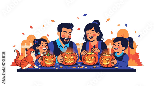 Halloween Family Moments: Capture the heartwarming scene of a family carving pumpkins together, bathed in warm colors. It's a perfect illustration of family togetherness and festive enjoyment.