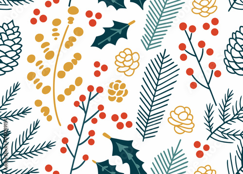 Festive christmas pattern with pine cones holly berries and pine needles