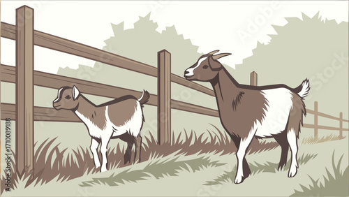 Two Goats in a Pasture by a Wooden Fence.