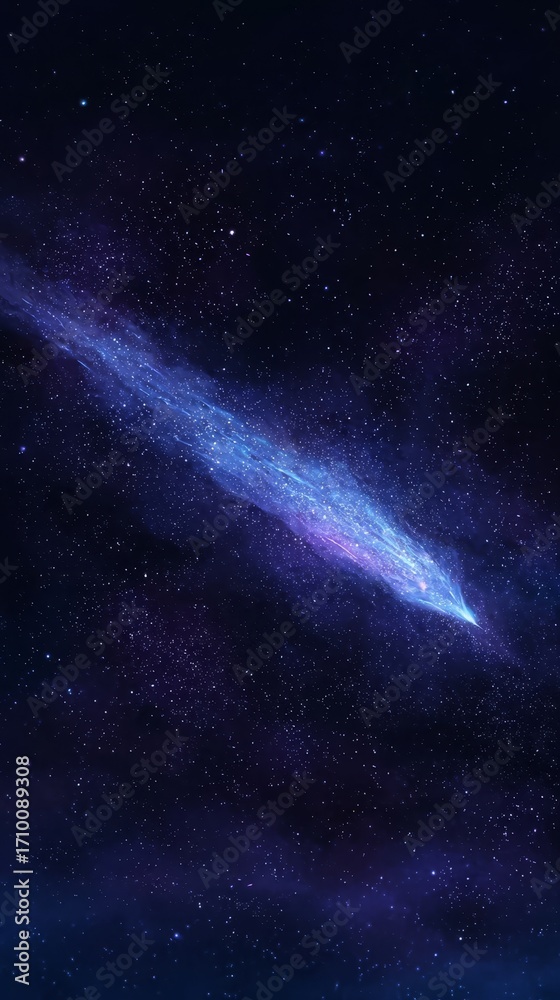 Naklejka premium A glowing comet streaks across a star-filled night sky, leaving a luminous trail in deep space.