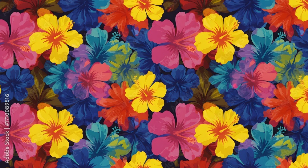 Bright hibiscus floral seamless vector design, ideal for packaging, posters, and vacation-inspired backgrounds. Bright hibiscus floral seamless vector design, ideal for packaging, posters, and vacation-inspired backgrounds.