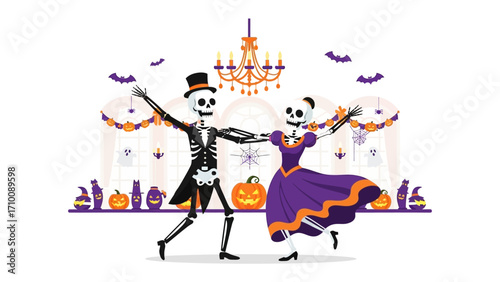 Dance of the Skeletons: A festive celebration in a Halloween setting, featuring elegant skeletons dancing in a joyous waltz, decorated with pumpkins, bats, and candles.