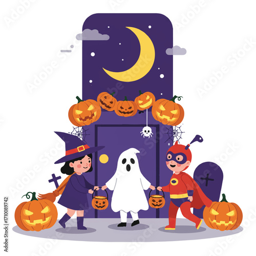 Flat 2D vector of three children in Halloween costumes—witch, ghost, superhero—trick-or-treating at a doorstep with carved pumpkins, spiderwebs, and a crescent moon.