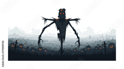 Spooky Scarecrow: A menacing scarecrow stands amidst a field of glowing jack-o'-lanterns, creating an eerie Halloween scene.