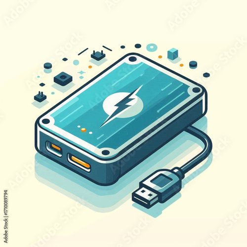 A blue cartoonstyle power bank with a USB cable rendered in a stylized isometric view