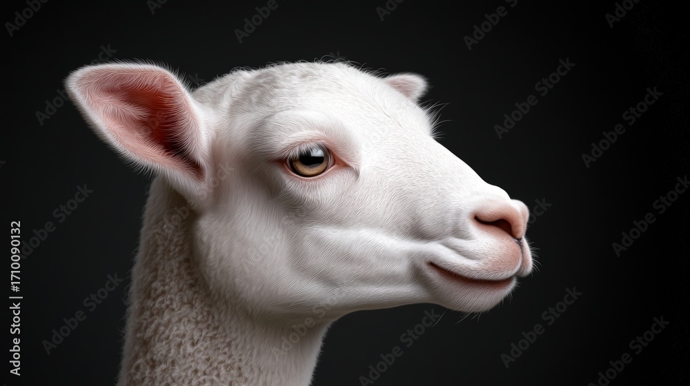 Fototapeta premium A close-up portrait of a sheep showcasing its soft fur and expressive eyes against a dark background, This image can be used for agricultural themes, animal welfare campaigns
