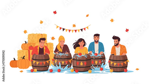 Autumn's Aquatic Frolic: A vibrant illustration depicts a group of individuals, immersed in the festive spirit of autumn as they engage in an apple bobbing game.