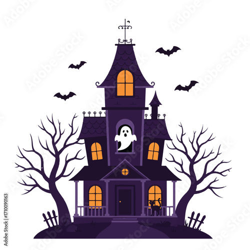 Spooky haunted house 2D vector illustration shows a ghost floating from a window, a black cat on the porch, bats flying, and leafless trees under a night sky.