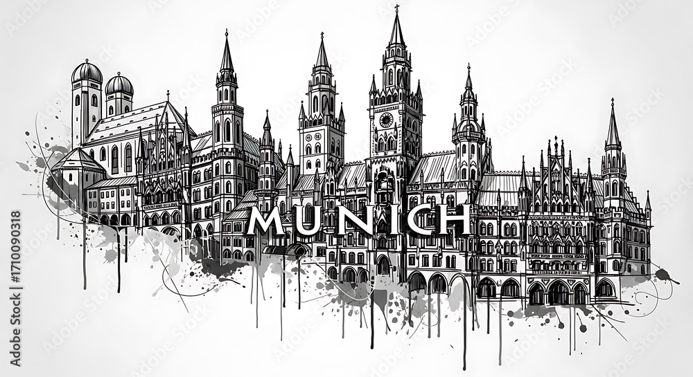 Fototapeta premium Black and White Ink Drawing of Munich Cityscape.