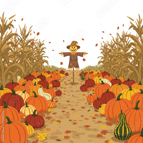 Vibrant pumpkin patch flat 2D vector illustration showcases a friendly scarecrow amidst an assortment of colorful pumpkins and gourds scattered on autumn leaves.