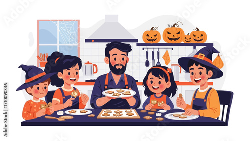 Family Halloween Baking Joy: A heartwarming scene of a family decked out in Halloween costumes, baking and decorating cookies together in a cozy kitchen with smiling carved pumpkins.