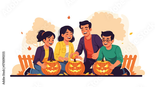 Family carving Halloween pumpkins: A cheerful family, carving and creating spooky jack-o'-lanterns, surrounded by a warm autumn ambiance. Capturing the essence of fall fun and togetherness.