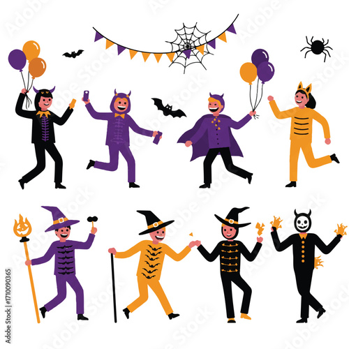 A joyful 2D flat vector shows diverse people at a Halloween costume party, dancing and talking amidst spiderwebs and balloons on a bright white background.