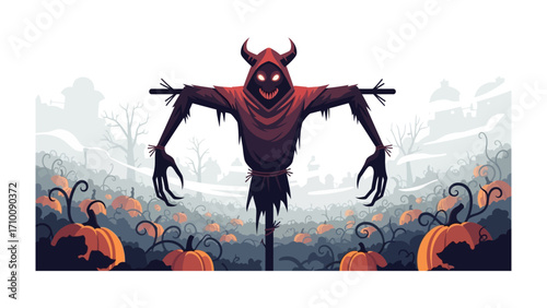 Mystical Scarecrow: An enigmatic scarecrow, crowned with ominous horns, looms over a pumpkin patch during the spooky season. Its presence exudes an unsettling air, capturing the essence of mystery.