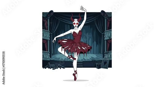 Dark Ballet Stage: A surreal illustration features a dancer in an elegant pose on a stage, seamlessly blending elements of fantasy and gothic art