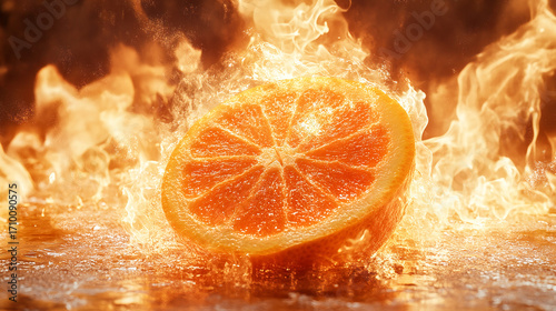 Vibrant orange fruit surrounded by flames, creating an energetic and dynamic visual perfect for artistic projects