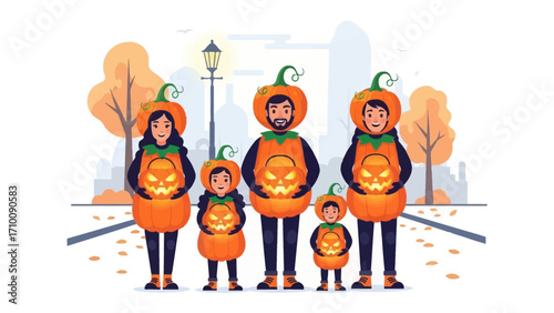 Spooky Pumpkin Patch: A joyful family, donned in vibrant pumpkin costumes, ready for a night of trick-or-treating under the autumn sky. capturing the halloween spirit