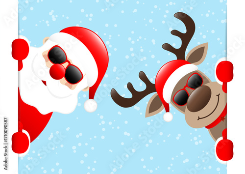 Weihnachtsmann Und Rentier Sonnenbrille Banner Innen Schnee Hellblau
