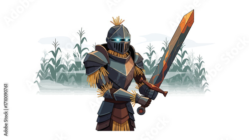 Cornfield Knight: A detailed illustration of a valiant knight, armor-clad and ready for battle, stands amidst a vibrant cornfield, capturing the essence of strength and courage.