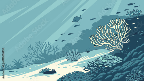 Underwater Scene with Coral Reef and Fish Ocean Life Illustration.