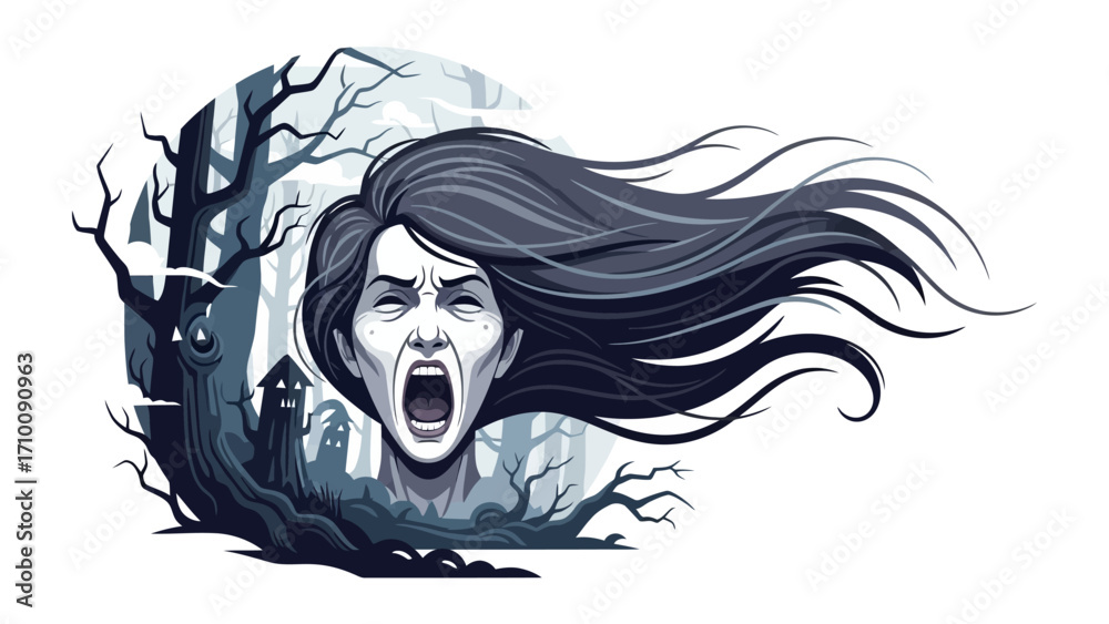 Αυτοκόλλητο Screaming Lady in Spooky Forest: A stylized illustration of a terrified lady with open mouth and wind-swept hair in haunted forest