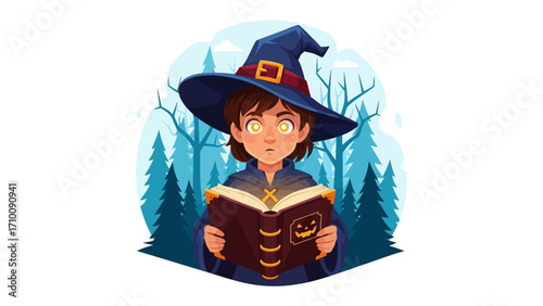 Young Witch with spell book: In a mystical scene, a young witch dressed in a magical robe is engrossed in a spell book, surrounded by an enchanted forest and ready to cast a charm.