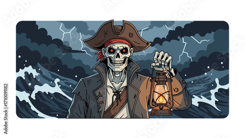 The Phantom Pirate: A spectral pirate, skeletal and weathered, stands bravely amid a raging storm, a lantern illuminating his path against the ominous sky.