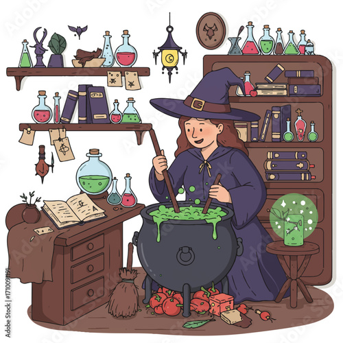 Friendly witch stirs bubbling green potion in a large cauldron, surrounded by arcane ingredients and spell books in her cozy, cluttered lab, depicted in a clean 2D flat vector style.
