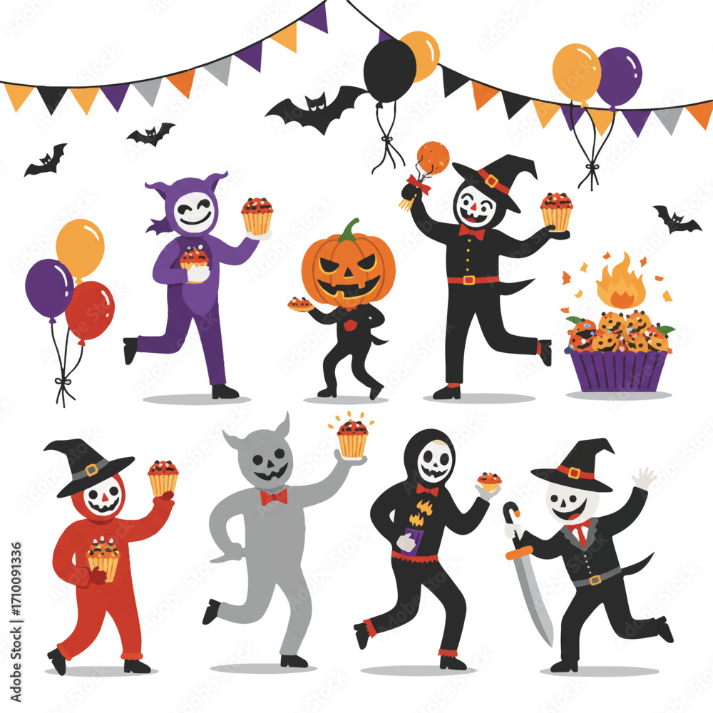 Fototapeta premium Mummy, werewolf, and Frankenstein's monster dance at a friendly Halloween party, enjoying treats and spooky decorations in this vibrant 2D flat vector illustration.
