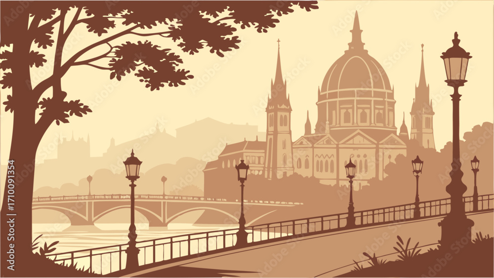 Fototapeta premium Vintage Cityscape Illustration River Bridge Cathedral and Street Lamps.