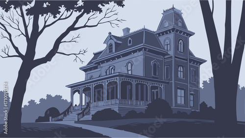 Vintage House illustration Victorian Mansion Large Home Twilight Mysterious Dark Silhouette Trees Night Creepy Spooky Gothic Estate Home Building Architecture Design Illustration.