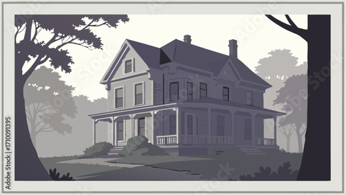 Vintage House Illustration Suburban Home Family House Two Story Building Residential Design Home Exterior Classic Architecture Grey Tones Silhouettes Trees Landscape Illustration Prope.