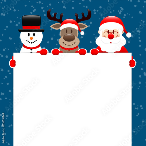 Schneemann Rentier Und Weihnachtsmann Halten Schild Schnee Dunkelblau