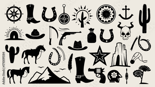 Collection of western and cowboy themed icons and symbols