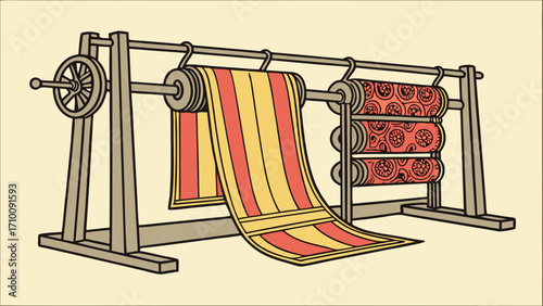 Vintage Textile Display Stand with Rolled Fabrics and Patterns.