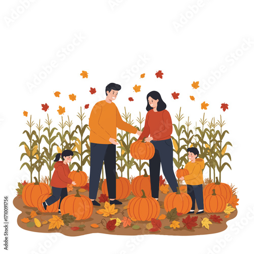 A happy family with a parent and two children joyfully selects vibrant pumpkins in an autumn patch amidst cornstalks and colorful falling leaves, 2D flat vector.