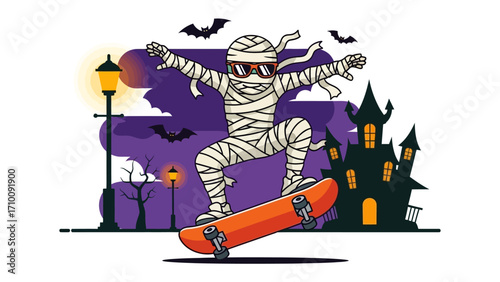 Skateboarding Mummy: A Halloween-themed illustration depicting a cool mummy in sunglasses skillfully executing a skateboard trick, with bats and a haunted house adding to the spooky atmosphere.