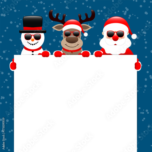 Schneemann Rentier Und Weihnachtsmann Sonnenbrille Halten Schild Schnee Dunkelblau