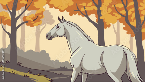White Horse in Autumn Forest Equestrian Illustration Nature Scene Fall Colors.