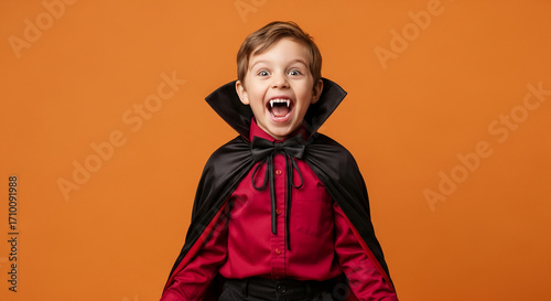 Smiling boy in vampire costume against orange background, showcasing Halloween spirit and playful energy Free space for text