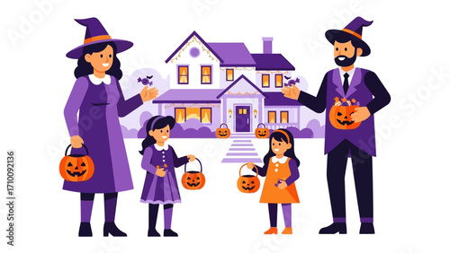 Halloween Family Fun: A vibrant family, adorned in festive costumes, prepares for an evening of trick-or-treating in front of a charming house. Reflecting the spirit of the holiday