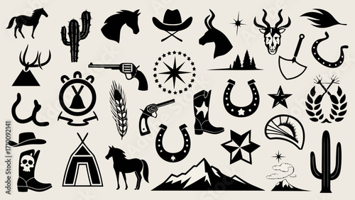 Wild west silhouette icons collection featuring horses cowboys and desert elements