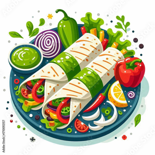 A platter presents two vibrant vegetable wraps sauce and assorted garnish for a colorful culinary display