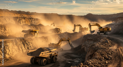 Dynamic scene of an active open-pit mine where powerful excavators and large haul trucks perform intensive earthmoving tasks, critical for resource extraction and construction projects