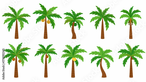 Collection of ten cartoon palm trees with coconuts and yellow fruit