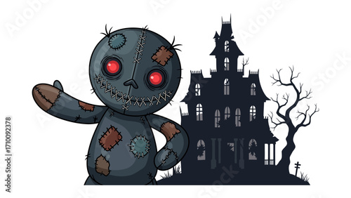 Spooky doll and Haunted House: A sinister stitched doll gestures towards a foreboding haunted house, its glowing red eyes promising a night of thrills and frights.