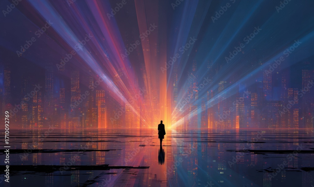 Fototapeta premium Silhouette figure in futuristic city at dawn