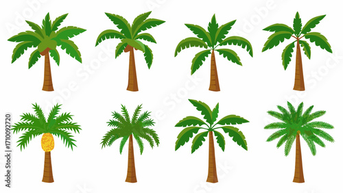Collection of eight diverse cartoon palm trees with green foliage and brown trunks