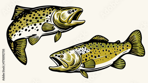 Two stylized brown trout fish with open mouths on a light background